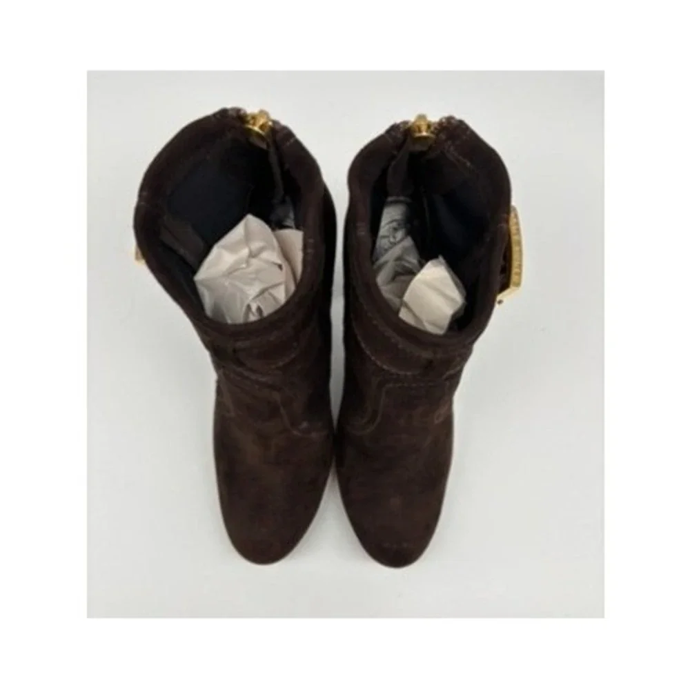 Tory Burch Ankle Boots Women‎ 6.5 Brown Suede Melrose Buckle Logo Back Zip Heel